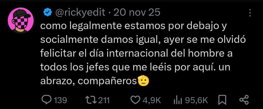 Tuit de X/@Rickyedit mostrando victimización y autocompasión de incels jóvenes